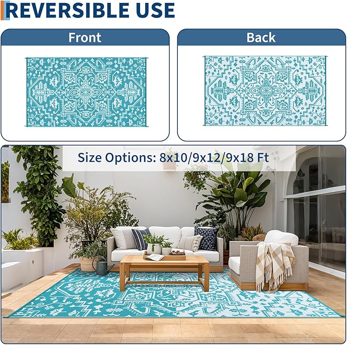 Waterproof Outdoor Rug 9x18 Reversible Plastic Straw Patio Rug, Stain-Resistant Vintage Medallion Carpet, Large Indoor Outdoor RV Mat for Deck, Camping, Balcony, Light Blue/White