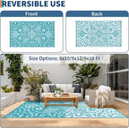 Outdoor Rug 9x12 Waterproof Reversible Plastic Straw Patio Rug, Stain-Resistant Vintage Medallion Carpet, Large Easy-Cleaning Indoor Outdoor RV Mat for Deck, Camping, Balcony, Light Blue/White
