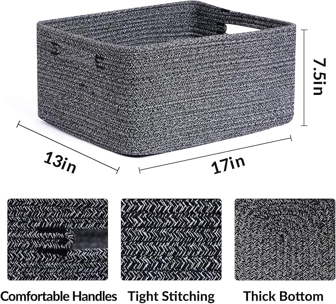 Large Storage Baskets for Shelves, Closet Organizers Bins for Clothes Blanket Towels, Baby Nursery, Toy Baskets Box, Woven Rope Baskets, 17 x 13 x 7.5”, 2 Packs Dark Gray