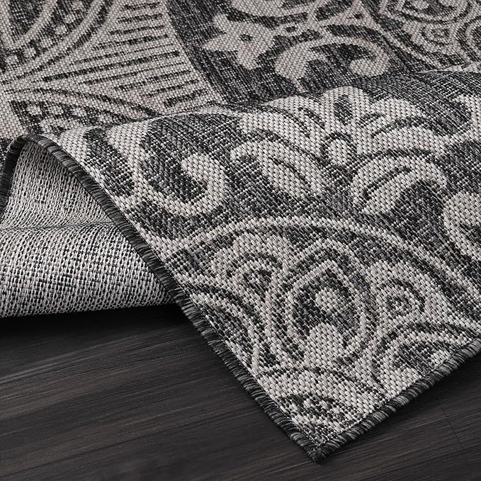 Medallion Outdoor Rug 9x12 Washable Outside Carpet for Indoor Patio Porch Waterproof Easy Cleaning Non Shedding Area Rugs Dark Gray 9 x 12