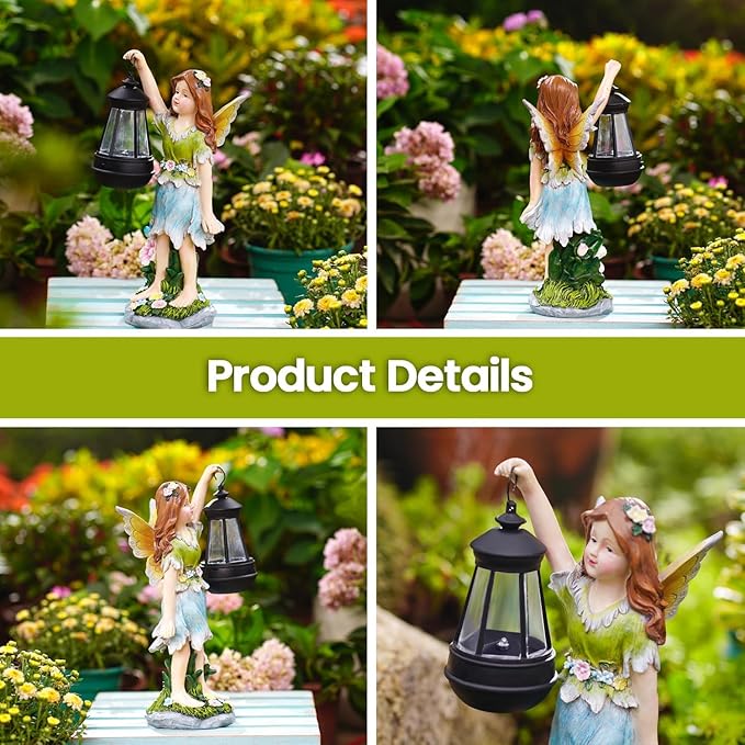 Fairy Garden Statue Solar Garden Fairy with Lantern Light Outdoor Decoration Waterproof Solar Sculpture for Patio Yard Lawn Gift for Mom Grandma