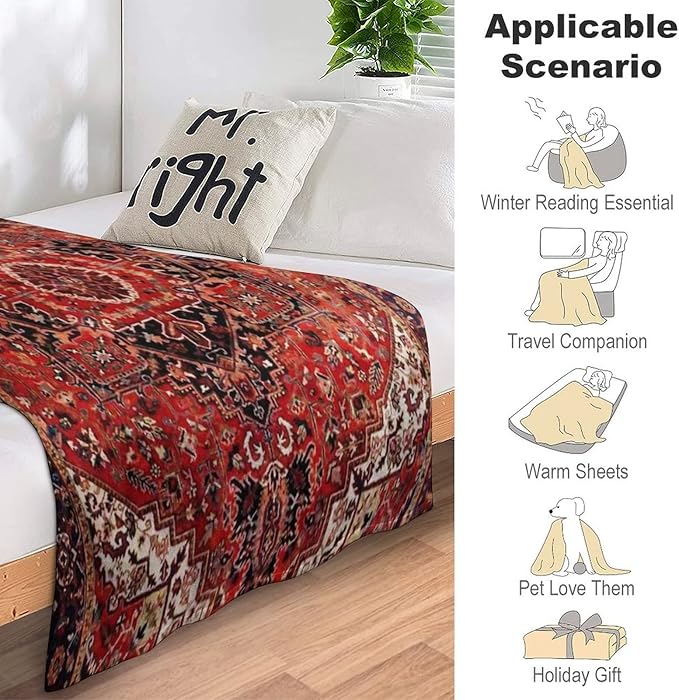 Heriz Antique Vintage Boho Persian Carpet Flannel Fleece Throw Blankets 50"X40" Lightweight Fluffy Winter Fall Blanket Cozy Soft Fuzzy Plush Home Decor for Couch Bed Sofa Bedroom Living Room Travel