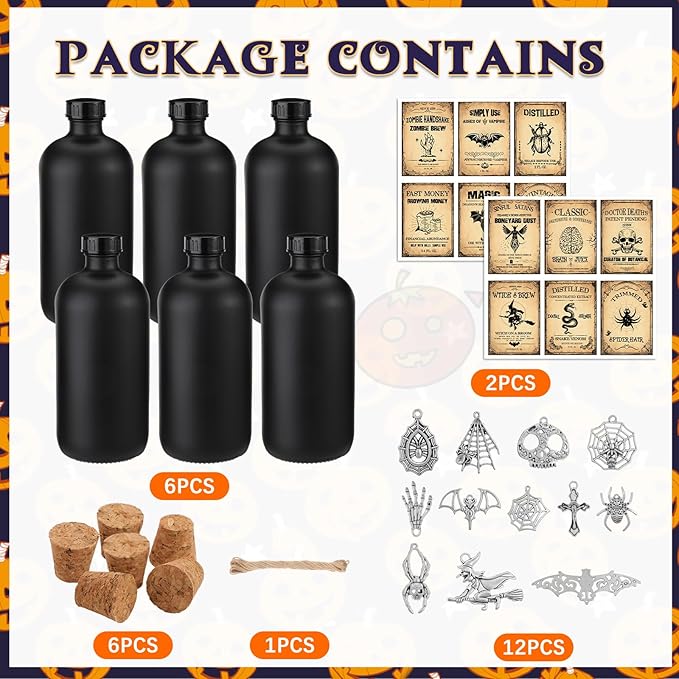 Uiifan 31 Pcs Halloween Potion Bottles Set Including Glass Apothecary Bottles with Cork Stickers and Pendants Halloween Decorations Indoor Party Supplies(Black,16 oz)