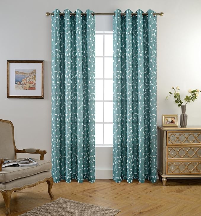 MIUCO Floral Embroidered Semi-Sheer Curtains Faux Linen Grommet Curtains for Living Room 52 x 84 Inch 2 Panels Set, Teal