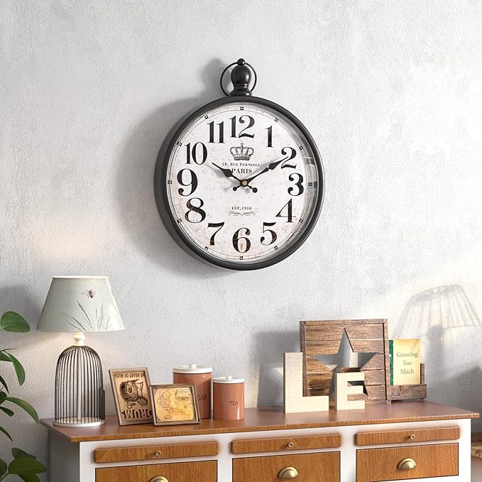 Menterry Retro Round Wall Clock. Black Vintage Antique Style Decor Wall Clocks for Kitchen,Farmhouse,Bedroom,Bathroom,Office, (11.8" H x 9.3" W)