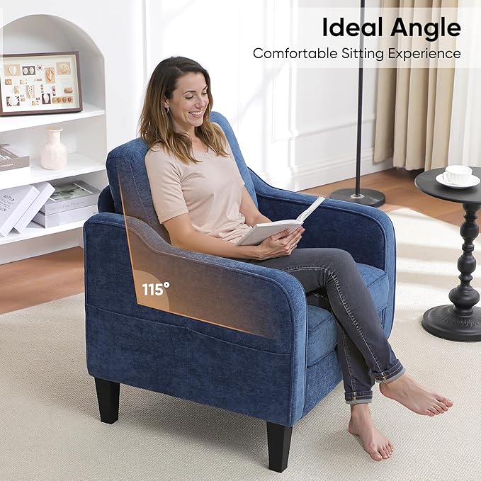 Accent Chairs Set of 2, Upholstered Living Room Chairs with Side Pockets, Mid Century Modern Reading Chair for Bedroom, Comfy Armchair Single Sofa Side Chair for Office, Small Room, Blue