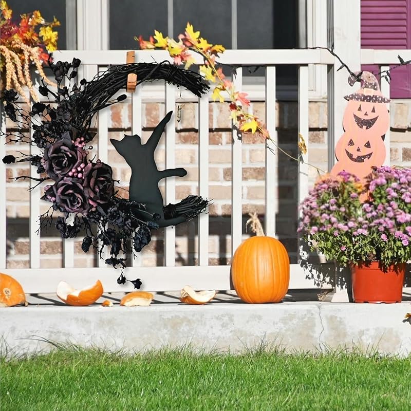 Halloween Wreaths for Front Door with Light, Black Cat on Moon Garland with Rose Wreath Decor, Halloween Decorations Crescent Moon Wreath for Home Party Window Wall Indoor Outdoor (black flower)