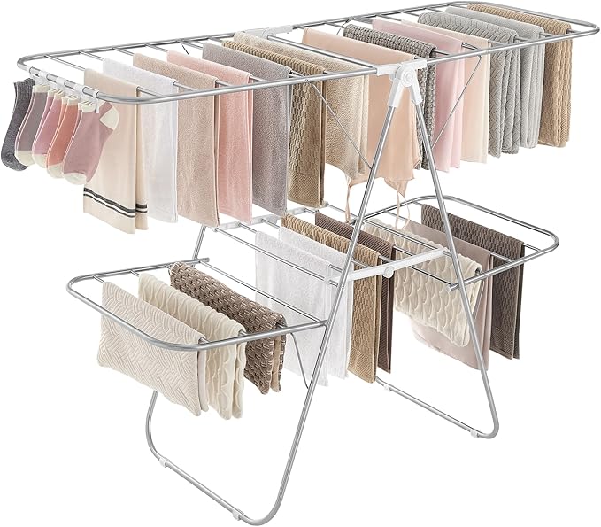 SONGMICS Clothes Drying Rack, Foldable 2-Level Laundry Drying Rack, Free-Standing Laundry Airer, with Height-Adjustable Wings, 33 Drying Rails, Sock Clips, Silver and White ULLR053W01V1