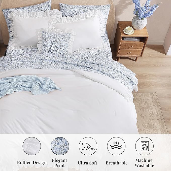 Full Comforter Set - 7 Pieces Ruffle White Bedding Sets, Shabby Chic Farmhouse Bed in a Bag Full with Ruffle Comforter, Floral Sheets, Pillowcases & Shams