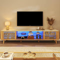 70" Mid Century Modern TV Stand for 55/65/75 Inch TV, Faux Marble Top Entertainment Center with Slatied Sliding Door & LED Lights, Low TV Console with Glass Shelves for Bedroom, Living Room