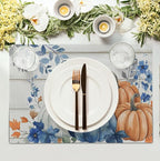 Autumn Placemats Blue Pumpkin Fall Place Mat Eucalyptus Leaves Floral Wood Grain Table Mats Thanksgiving Harvest Linen Placemat Party Kitchen Dining Decoration 12x18 Inch Set of 4