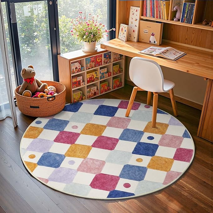 jinchan Round Rug 5ft Kids Washable Rug Indoor Floor Cover Non-Slip Soft Elementary School Classroom Modern Colorful Diamond Carpet for Nursery Daycare Bedroom Playroom Living Room Berries on Cream