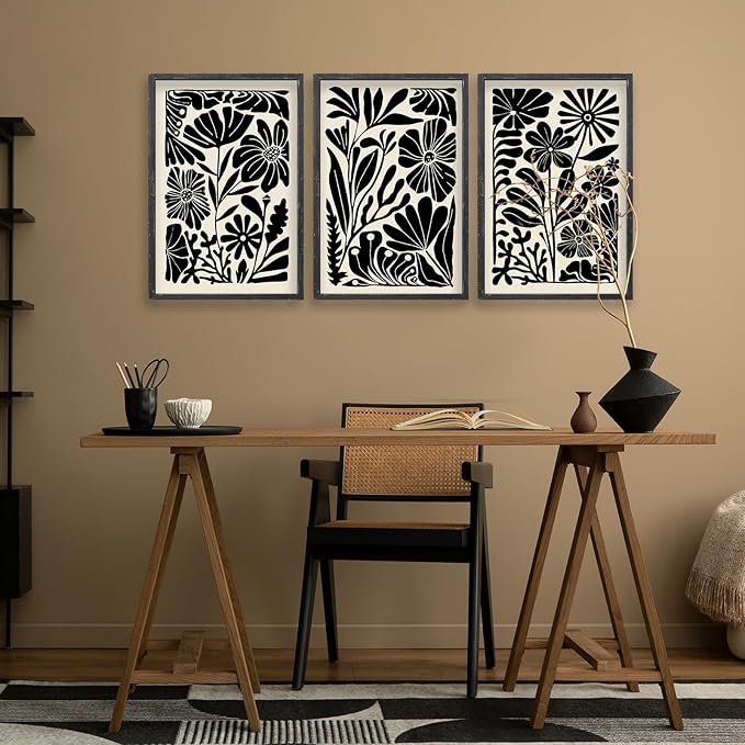 Abstract Floral Botanical Wall Art 16x11 Inch 3 Piece Black Vintage Boho Plant Flower Minimalist Wood Frame Sign Home Living Room Family Office Mid Century Print Wall Hanging Decor (Black)
