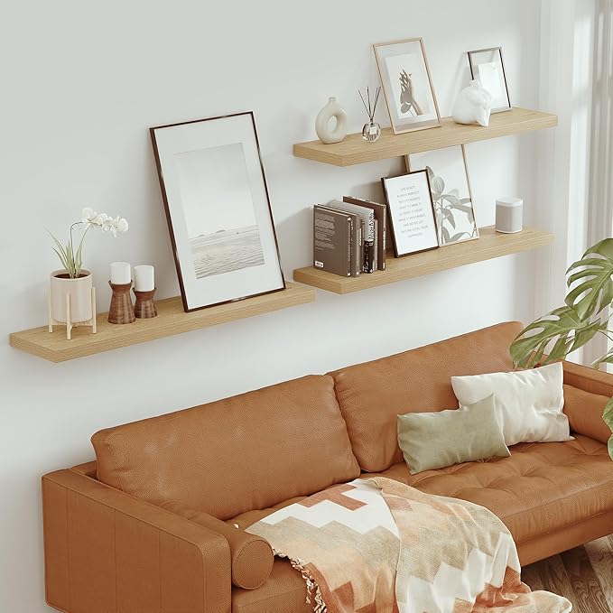 Single Floating Shelves Oak 48 Inches, 48 x 10 inch Deep x 1.8 in Thick, Long Wall Shelves Heavy Duty 80 lbs for Bedroom, Living Room, Kitchen, Office, Modern Shelf Book Home Decor