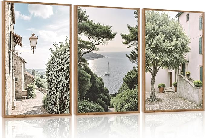 Aurlan Neutral Italy Cityscape Gallery Framed Wall Art(16"x24"), 3PCS Vintage Mediterranean Countryside Landscape Canvas Artwork, Large Town Coast Streets Travel Decor Prints for Office Home