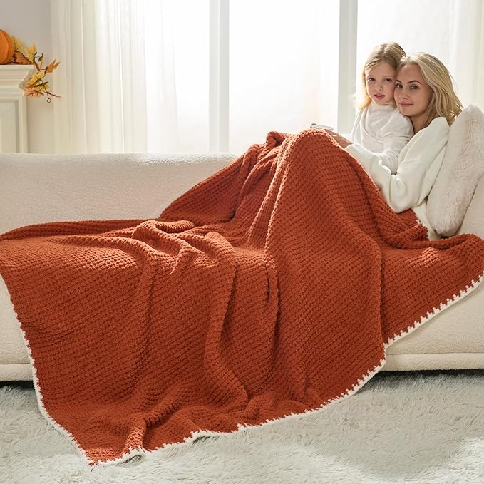 Snuggle Sac Orange Waffle Throw Blanket for Couch Bed Sofa 50x60 inches, Reversible Blanket Microfiber Fluffy Fuzzy Cozy Knit Soft Throws for Women Mothers Birthday Gifts