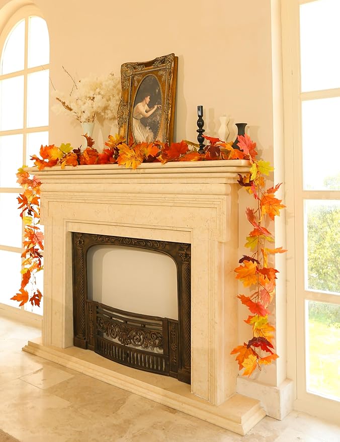 Joyhalo 2 Pack Fall Leaves Garland for Mantle, Autumn Leaf Garland Indoor Outdoor Fall Decor, Hanging Maple Leaves for Mantle, Door Frame, Fireplace and Thanksgiving Decor