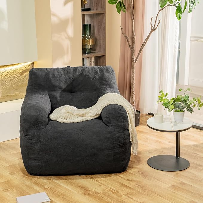 Giant Bean Bag Chair, Large Bean Bag Chair for Adults, Fluffy and Comfy Bean Bag Chair with Filler, Big Bean Bag Sofa Chair for Reading, Stuffed High-Density Foam, Grey