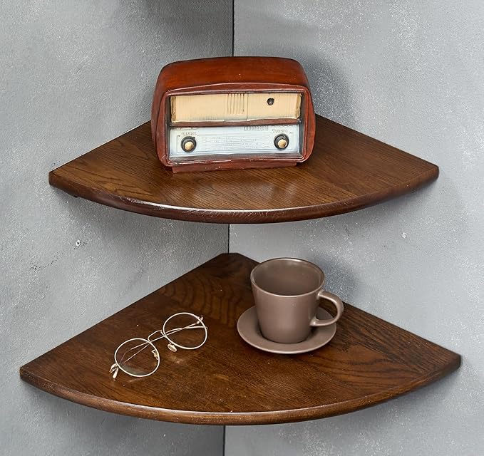 Corner Shelves, Floating Corner Shelf, Set of 2 16inch Solid Oak Wood Corner Wall Shelves, Round End with Wire Hole for Small Plant for Bedroom Kitchen, Living Room