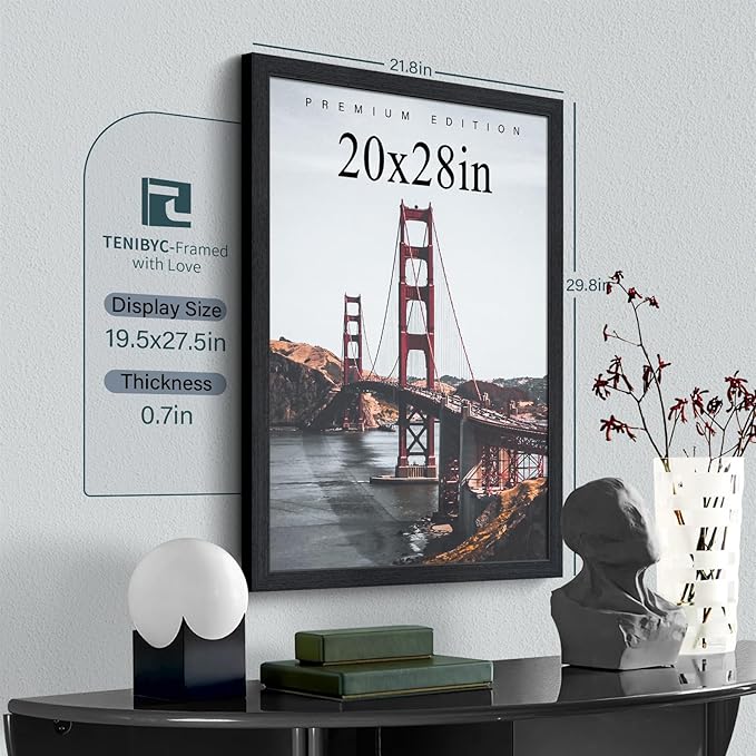 20x28 Picture Frame Set of 3 - Black Woodgrain, Solid Wood Gallery Poster Frame - Wall Hanging
