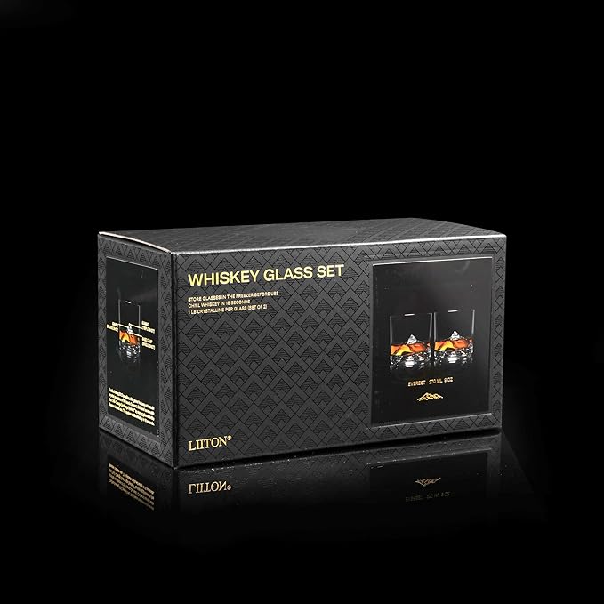 Mount Everest Heavy Crystal Whiskey Glasses Gift Set of 2, Thick Freezable Bourbon Glass 1lb Each, Premium Whiskey Gifts for Men, Frozen Crystal Chills Cocktails, 10 oz