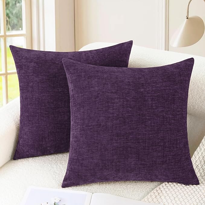 CaliTime Throw Pillow Covers Decorative 22 X 22 Inches Pack of 2 Cozy Chenille Cushion Cases for Couch Sofa Bed Living Room Home Plum Purple