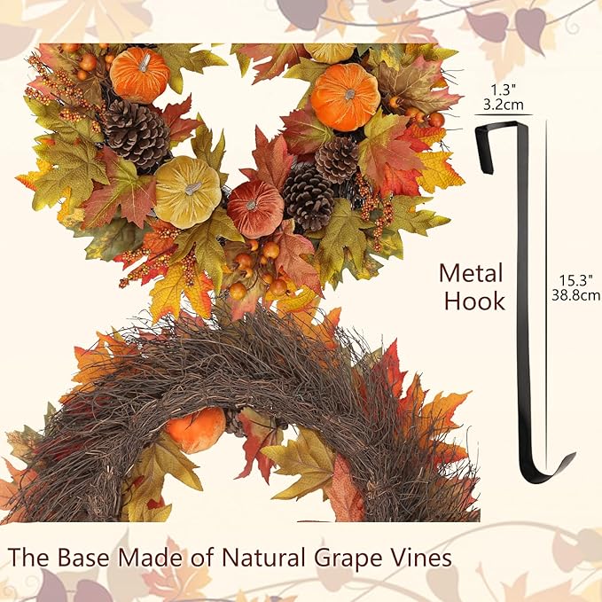 Fall Wreaths for Front Door 26'' Autumn Velvet Pumpkin Wreath with Metal Hook Large Harvest Maple Wreath Fall Decoration for Home Halloween Thanksgiving Decoration, Briful