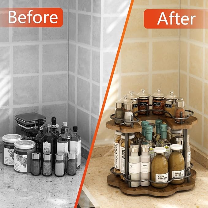 2 Tier Lazy Susan Organizer,2-Tier Spinning Spice Rack with Stable Carousel Base & 4 Height Settings for Cupboard Kitchen Countertop Dining Table Cupboard (Petal Shape)