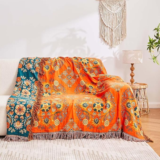 Boho Throw Blanket, 100% Cotton Ultra Soft Luxury Throw Rustic Quilt, 80"x90" Floral Printed Farmhouse Decor Bed Summer Blankets, All Season Rustic Reversible Bohemian Throw for Bed - Orange