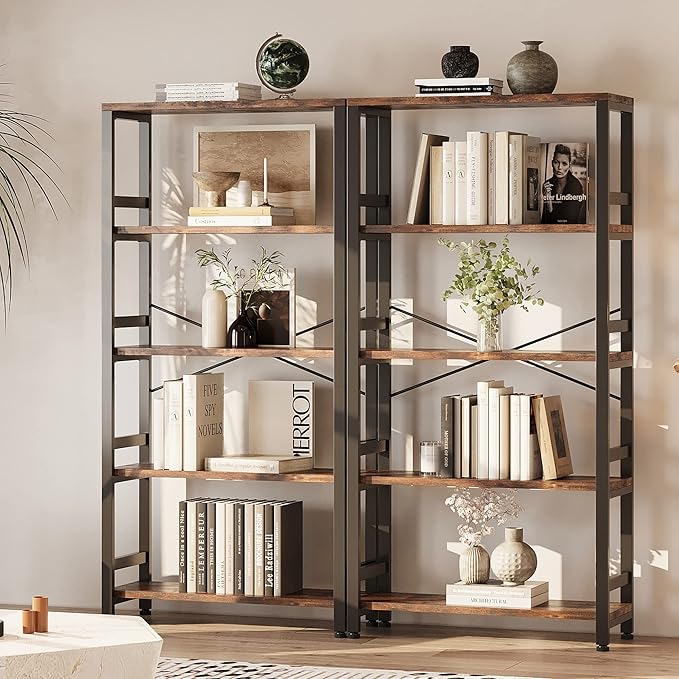 IRONCK Bookshelves and Bookcases, 31.5in Wide Shelf 5-Tier Ladder Shelf 110lbs/shelf Vintage Industrial Style Bookcase for Bedroom Living Room Home, Vintage Brown