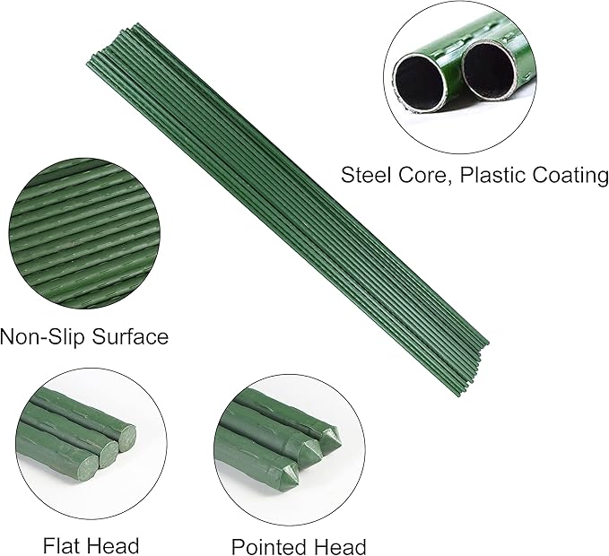 Garmeinea Garden Stakes 24 Inches Plastic Coated Steel Plant Stakes for Growing Climbing Plants, Pack of 25
