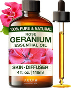 Kukka Rose Geranium Essential Oil for Skin - 4 Fl Oz - 100% Pure Natural Geranium Oil for Diffuser & Aromatherapy - Soap Making Scent & DIY