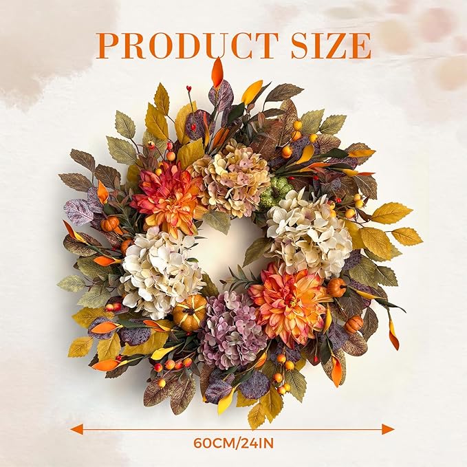 24Inch Fall Wreaths for Front Door,Fall Wreath with Beige Hydrangea,Orange Dahlia Artificial Flowers,Pumpkins,Autumn Wreaths for Harvest Thanksgiving Halloween Indoor Outdoor Home Decor