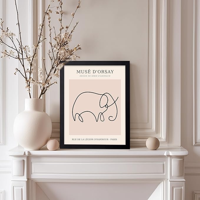 Poster Master Vintage Poster - Retro One Line Elephant Drawing Print - Elephant Art - Minimal Gift for Men, Women, Animal Lover - Abstract Wall Decor for Home, Office, 8x10 Black Framed
