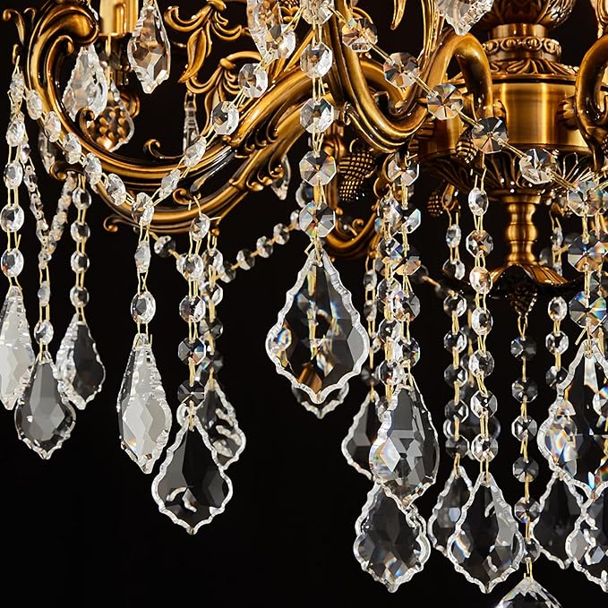 Vintage 10 Arms Crystal Chandelier Candle Light Fixture for Dining Room Living Room Bedroom Hallway Entryway Antique Gold Finish (34"-15 Lights)