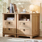 18" Farmhouse Night Stand with Charging Station, 2 Drawers Bedside End Table, Natural Wooden Nightstand, Bed Side Table Cabinet with Open Shelf for Bedroom Living Room Office