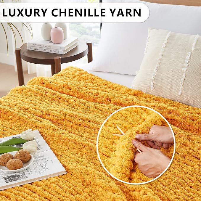 L'AGRATY Chunky Knit Throw Blanket - 40x50: 100% Hand-Knitted Chenile Crochet Blanket For Home Decor (Mustard Yellow)