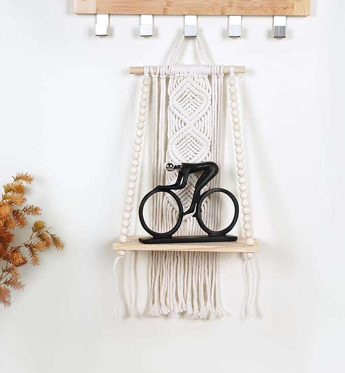 Wooden Macrame Wall Hanging w/Shelf & Sturdy Beaded Rope - Handmade Modern Living Room Decor - Macrame Wall Decor to Securely Hold Plants & More - Beautiful Boho Decorations for Interior Design