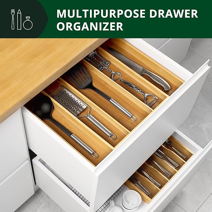 ROYAL CRAFT WOOD Luxury Bamboo Kitchen Drawer Organizer - Silverware Organizer - Utensil Holder and Cutlery Tray with Grooved Drawer Dividers for Flatware and Kitchen Utensils (5 Slot, Natural)