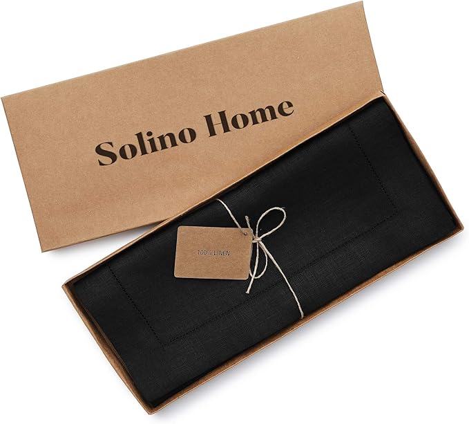 Solino Home Linen Black Table Runner 144 Inches Long - 100% Pure Linen Extra Long Table Runner 14 x 144 Inch for Fall, Autumn, Halloween, Thanksgiving - Classic Hemstitch