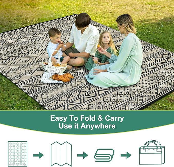 GAOMON Outdoor Rug 9'x12' Waterproof Rug for Patio Decor, Foldable Reversible Plastic Straw Area Rugs Mat for Camper, Outside Carpet for Deck, Porch, Picnic, Beach, Black/Coffee(Bohemia)