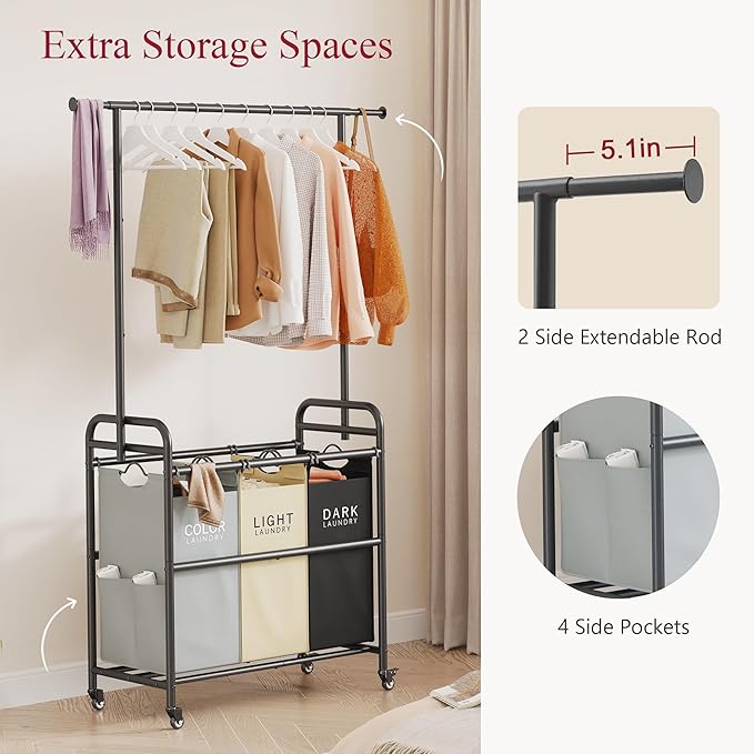 Tajsoon Laundry Sorter Cart with Hanging Clothes Rack, 3 Butler Sorter Basket Organizer, Laundry Hamper Cart with Heavy Duty Rolling Lockable Wheels, 3 Colors
