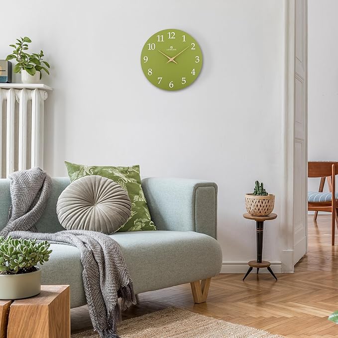 Lafocuse 12 Inch Silent Olive Green Wall Clock Battery Operated for Living Room Decor, Simple Minimalist Wooden Wall Clock for Kitchen Bedroom Office