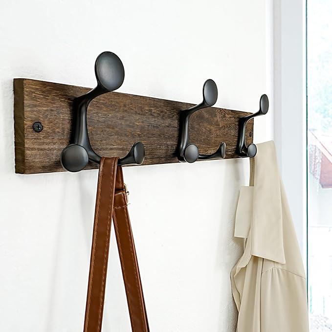 SKOLOO 17-Inch Wood Burnt Coat Rack Wall Mount with 3 Triple Hooks - Ideal for Family Entrances, Classrooms, and Pet Supplies Storage - Perfect Coat Hooks for Wall, Pack of 2
