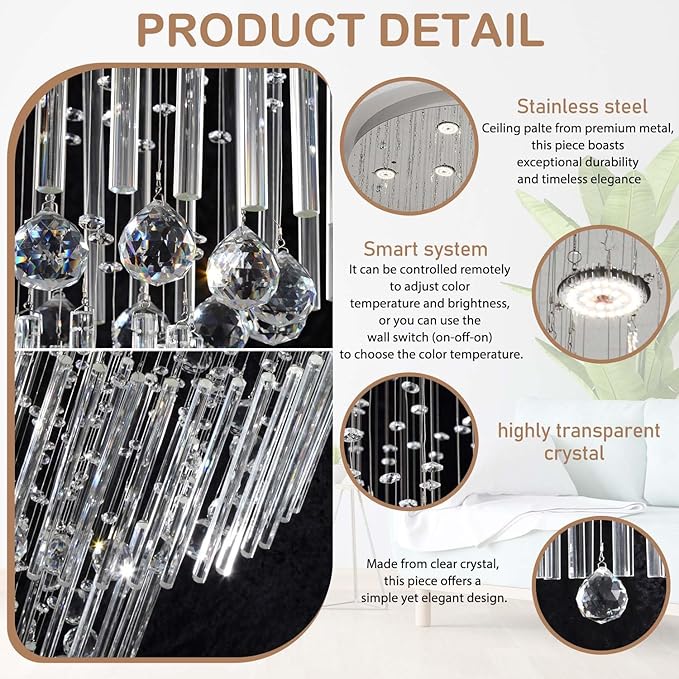Flashing God D32''X H110'' High Ceiling Chandelier Crystal Raindrop Chandeliers Staircase Large Chandelier Villa Entrance Foyer Ceiling Light High Ceiling Pendant Light Fixture