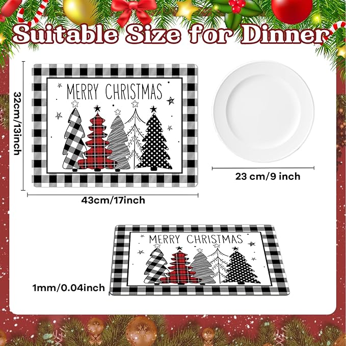 Christmas Placemats Set of 6 Christmas Tree Plastic Table Mats Xmas Trees Black and White Buffalo Plaid Place Mats Winter Holiday Table Decoration for Indoor Outdoor Party Kitchen Dining