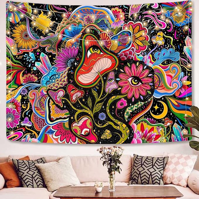 Lunerfex Mushroom Tapestry Pink Flowers Tapestry for Bedroom Aesthetic Tapestries Cute Floral Tapestries Wall Hanging for Bedroom and Living Room Decor Pink Flowers 70×90 Inches