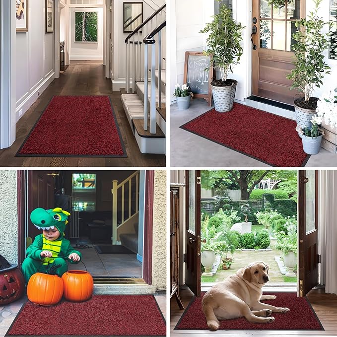 Mibao Front Door Mat, Dirt Trapper Welcome Mat for Outdoor Indoor, Non-Slip Waterproof Doormat, Durable Machine Washable Low Profile Entry Rug for Back Door Outside Patio Porch, 32" x 20", Red