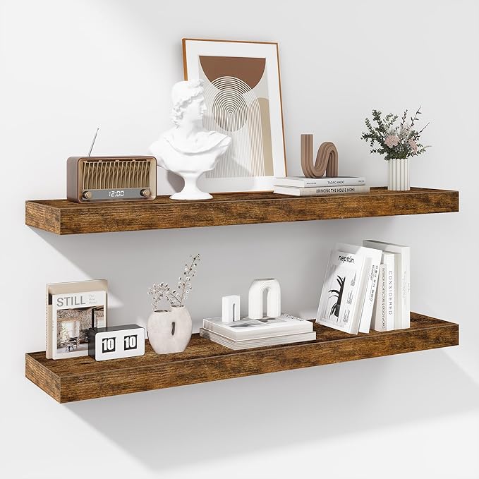 Fun Memories 36 Inch Floating Shelves - Deep Rustic Wooden Wall Shelves - Extra Deeper & Thicker Wall Mounted Storage Shelf for Bedroom, Kitchen, Farmhouse - 2 Pack, Rustic Brown