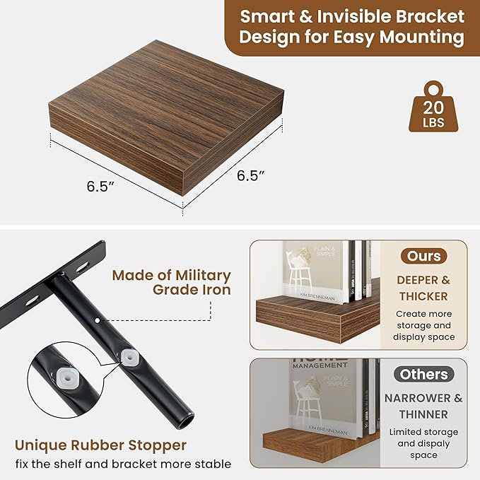 fuqing Floating Shelves for Wall, Bathroom Shelf Wall Mounted for Storage, Shelves with Invisible Bracket for Bedroom, Kitchen, Living Room, Farmhouse Small Book Shelf, 6.5 Inch Set of 3, Walnut